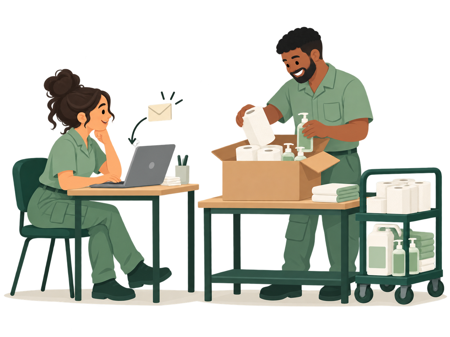 A manager reviews a supply request on a laptop while a teammate prepares a box of soap and paper towels for delivery.