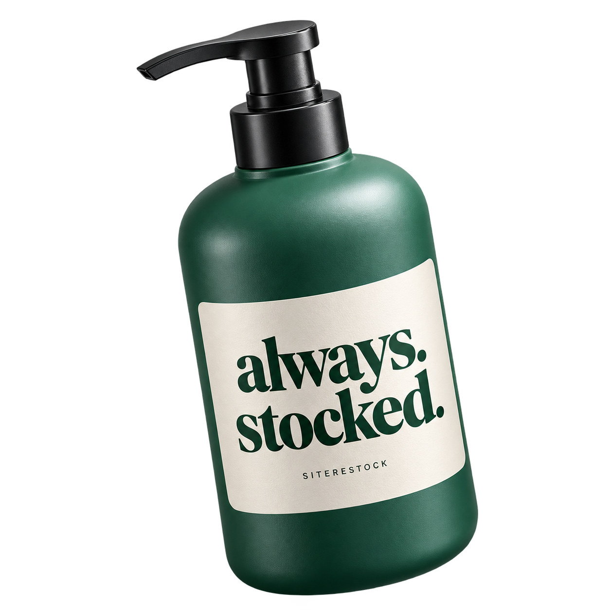 Green hand soap bottle labeled always stocked